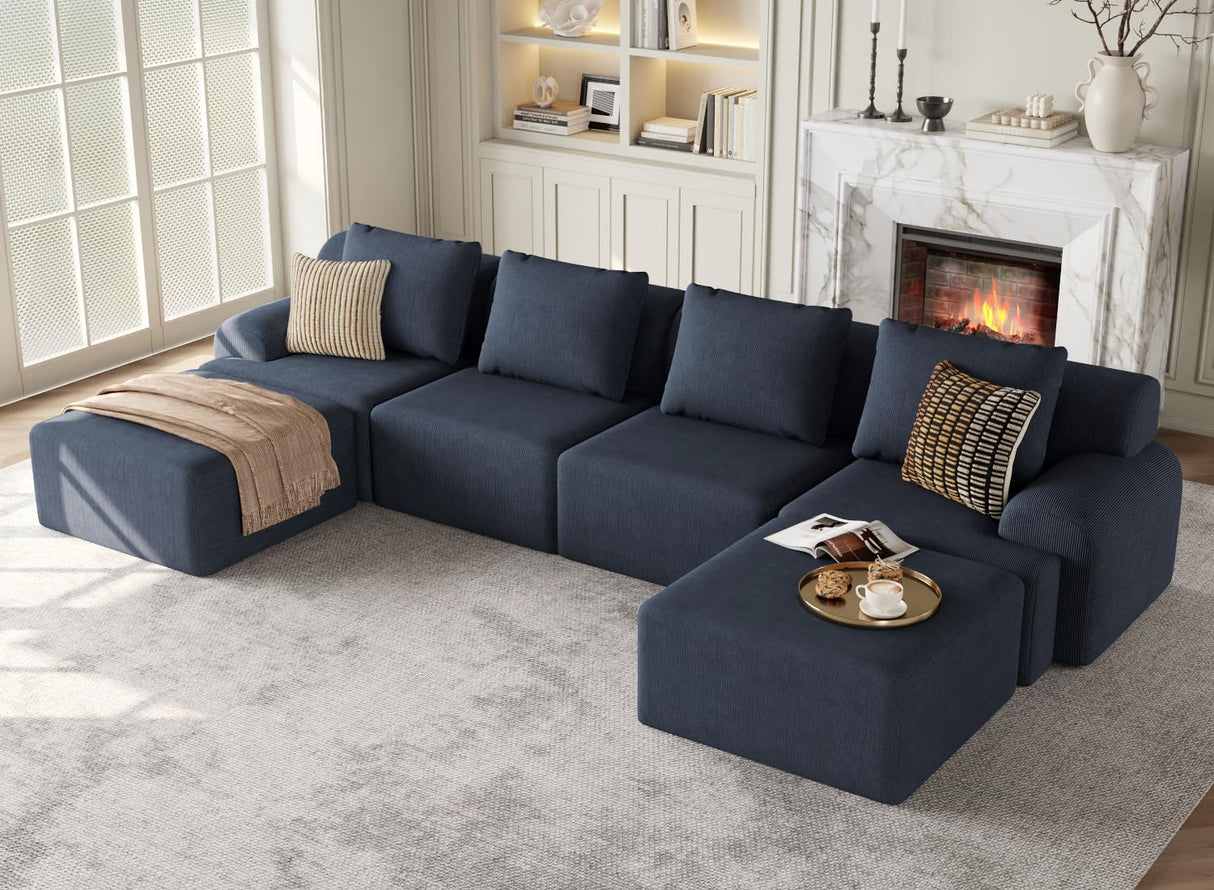 Kalafini 153" Boneless Couches for Living Room, Blue-Grey U-Shaped 6-Seat Sofa Modular Sectional Sofa, Plush Corduroy Sectional Couches, Convertible Oversized Sofa – No Assembly Required Kalafini