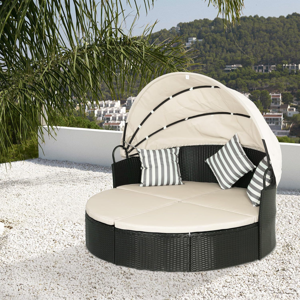 Outdoor Round Daybed Patio Bed Wicker Patio Furniture Outdoor Day Bed with Retractable Canopy Rattan Separated Seating Khaki Washable Cushioned and Three Pillow for Patio Backyard Porch Pool PayLessHere