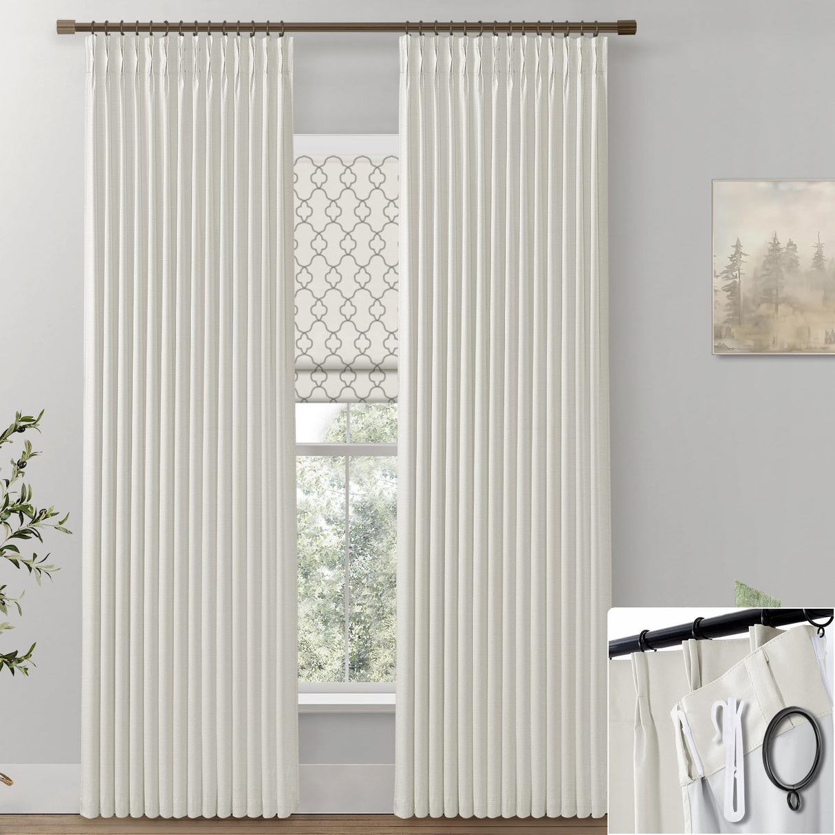 SHINELAND 108 Inch Curtains Long,Pinch Pleated Curtains Blackout Linen Black Out Extra Long Curtains for Living Room Drapes 108 Inches Long 2 Panels,Cream SHINELAND