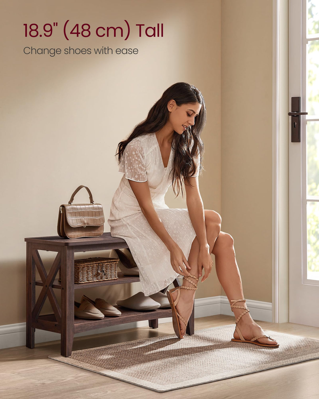 VASAGLE, Entryway Storage Bench, 2-Tier Shoe Rack, 11.8 x 31.5 x 18.9 Inches, Holds up to 300 lb, Farmhouse Style, for Living Room, Bedroom, Maroon Brown ULSB053K51 VASAGLE