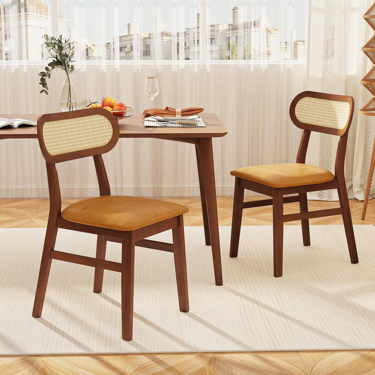 Giantex Wooden Dining Chairs Set of 2, PU Leather Upholstered Kitchen Chairs w/Breathable Mesh Cane Backrest, Rubber Wood Frame, Padded Seat, Farmhouse Armless Side Chairs for Dining Room, Coffee Giantex