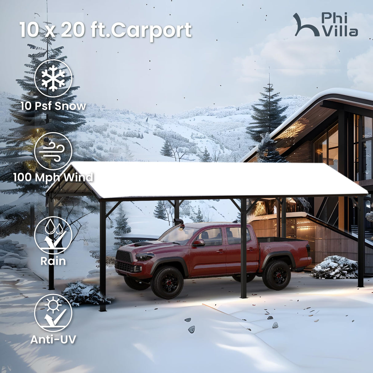 PHI VILLA 10 x 20 ft Carport Metal Carports with Galvanized Steel Roof, Sturdy Heavy Duty Metal Carport for Cars, Boats, and Tractors PHI VILLA