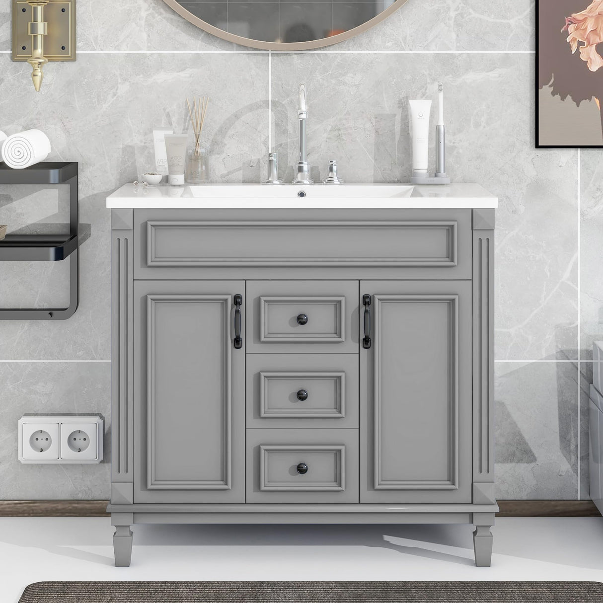 Merax 36” Bathroom Vanity with Sink, Freestanding Single Bathroom Sink Vanity Cabinet Set with 36” Countertop & Integrated Sink, 2 Doors & 2 Drawers (Sink Cabinet Only, Gray) Merax