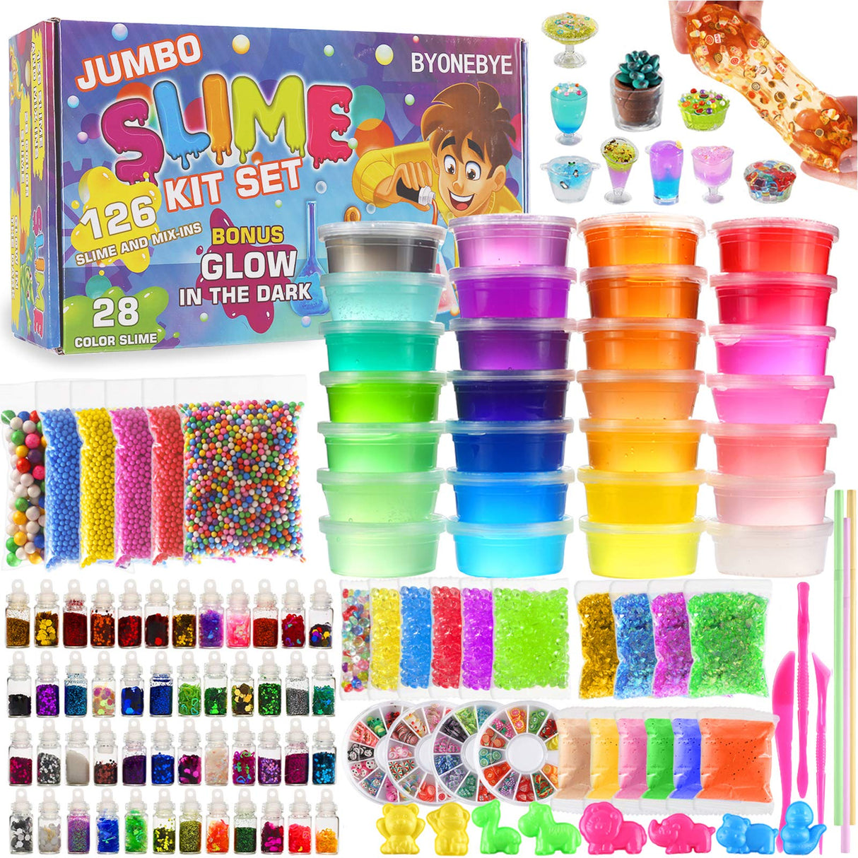 126 Pcs DIY Slime Making Kit for Girls Boys - Birthday Idea for Kids Age 5+. Ultimate Slime Supplies Include 28 Crystal Slime, 2 Glow in The Dark Powder, 48 Bottle Glitter Jar etc. BYONEBYE