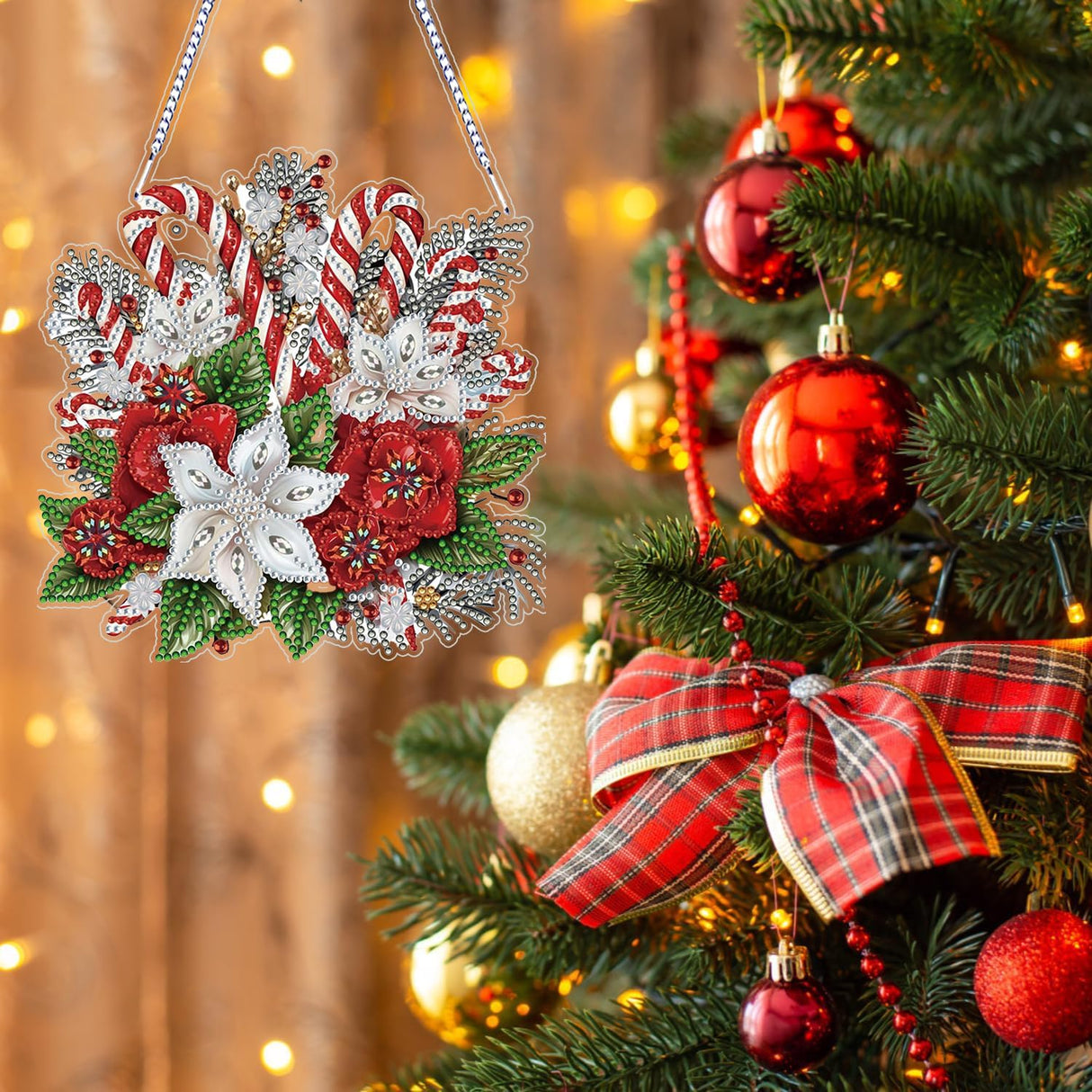 Christmas Diamond Art Hanging Kits for Adults, Special Shaped Diamond Painting,Double Sided 5D DIY Acrylic Diamond Art Painting Window Pendants Home Garden Wall Hanging Kits Cane candy wreath Ornament RYMILIE