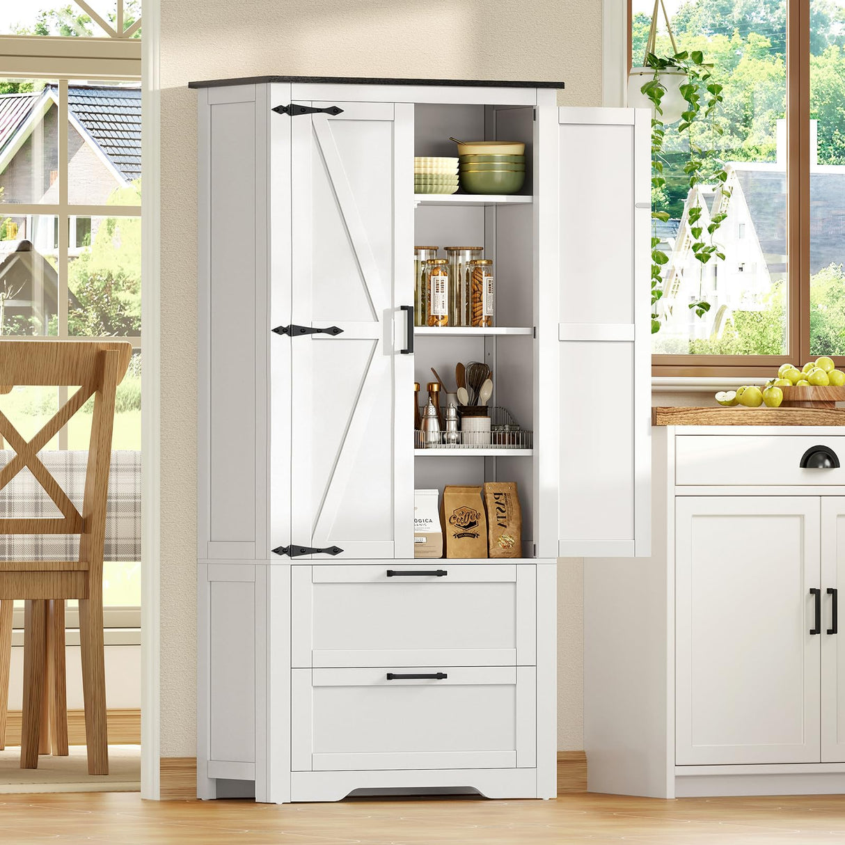 TEENFON 66.2" H Storage Cabinet with 2 Drawers, Farmhouse Kitchen Pantry Cabinet with 2 Doors & Adjustable Shelf, Bathroom Cabinet, for Living Room, Kitchen, Bathroom, White TEENFON