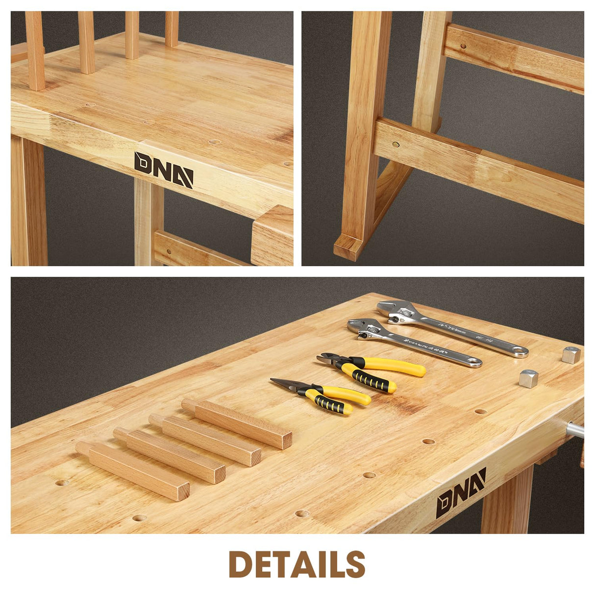 DNA MOTORING Heavy Duty Wood Workbench, Wooden Workbench for Workshop, Garage, W/Adjustable Handle, TOOLS-00523 DNA MOTORING