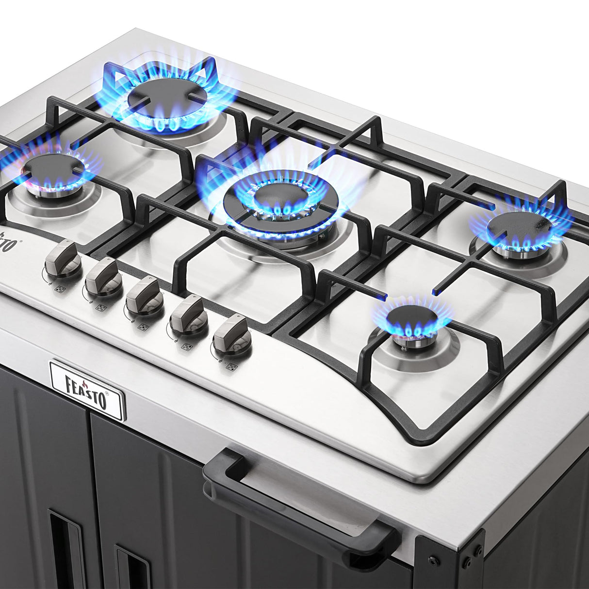 Feasto Gas Grill, Movable Outdoor Gas Stove Stainless Steel Top with Cabinet, 5 Burners with 36,200 BTUs, Outdoor Propane Grill for Outdoor Cooking, Ideal for Lawn & Garden, L35.4” x W24” Feasto