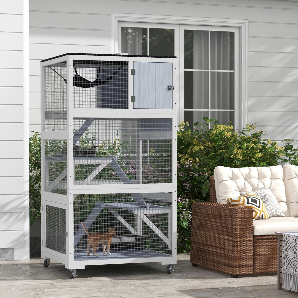 PawHut Catio, Outdoor Cat Enclosure House, Wooden Feral Cat Shelter on Wheels, Cat Cage with Hammock, Platforms Ramps, and Weather Protection Asphalt Roof, 34", Gray PawHut
