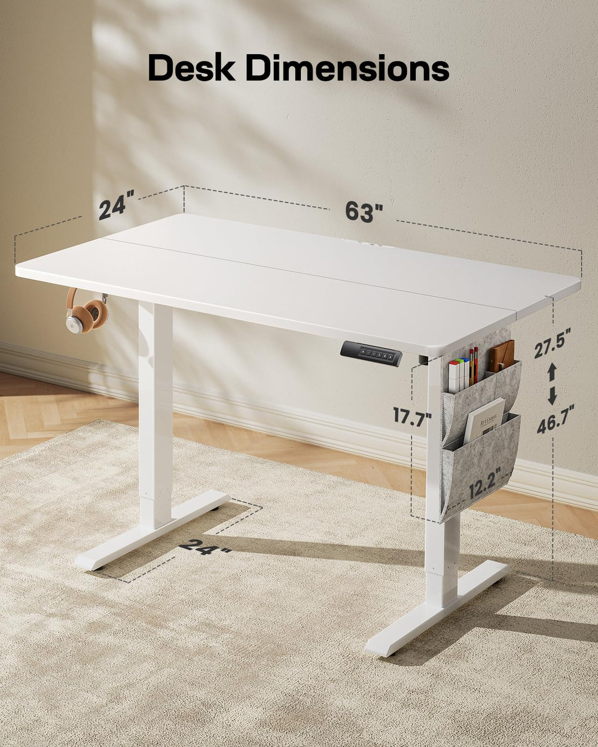 Marsail Standing Desk,Home Office Adjustable Heights Desk,Stand Up Desk,63x24 Inches Desktop Sit Stand Gaming Computer Desk for Study,Writing with 4 Memory Presets,Headphone Hook,Cable Organizer,White Marsail