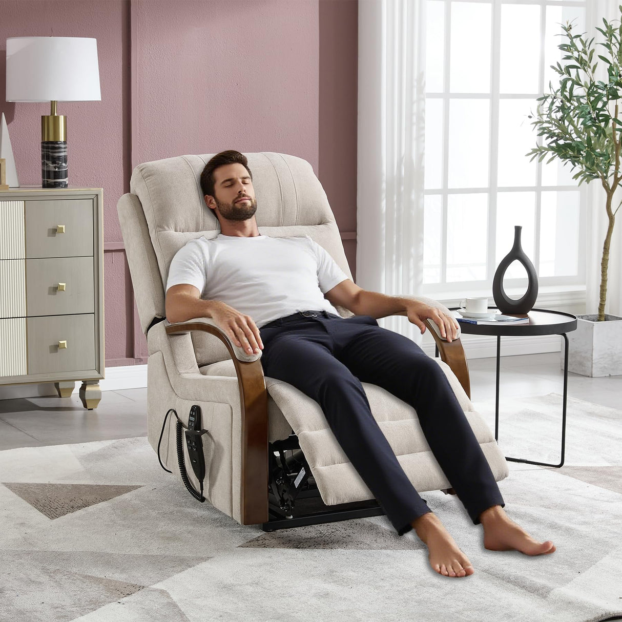 RHHVVR Dual Motor Power Lift Recliner Chair, 350 lbs Electric Recliners with Massage and Heat, Solid Wood Armrest Back Footrest Adjustable Living Room Chair for Elderly, Beige RHHVVR