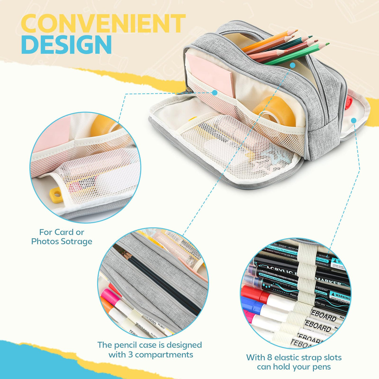 Large Capacity Pencil Case Pencil Pouch Pen Bag with 3 Compartment Stationery Organizer with Zipper, School Supplies Organizer for Teen Adults (Grey) Daisiki