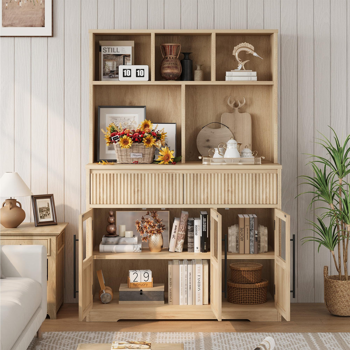 IDEALHOUSE 60'' Kitchen Pantry Cabinet, Tall Pantry Storage Cabinet with Microwave Stand, Farmhouse Kitchen Hutch with Storage Drawers for Living Room, Dining Room (Pear Wood) IDEALHOUSE