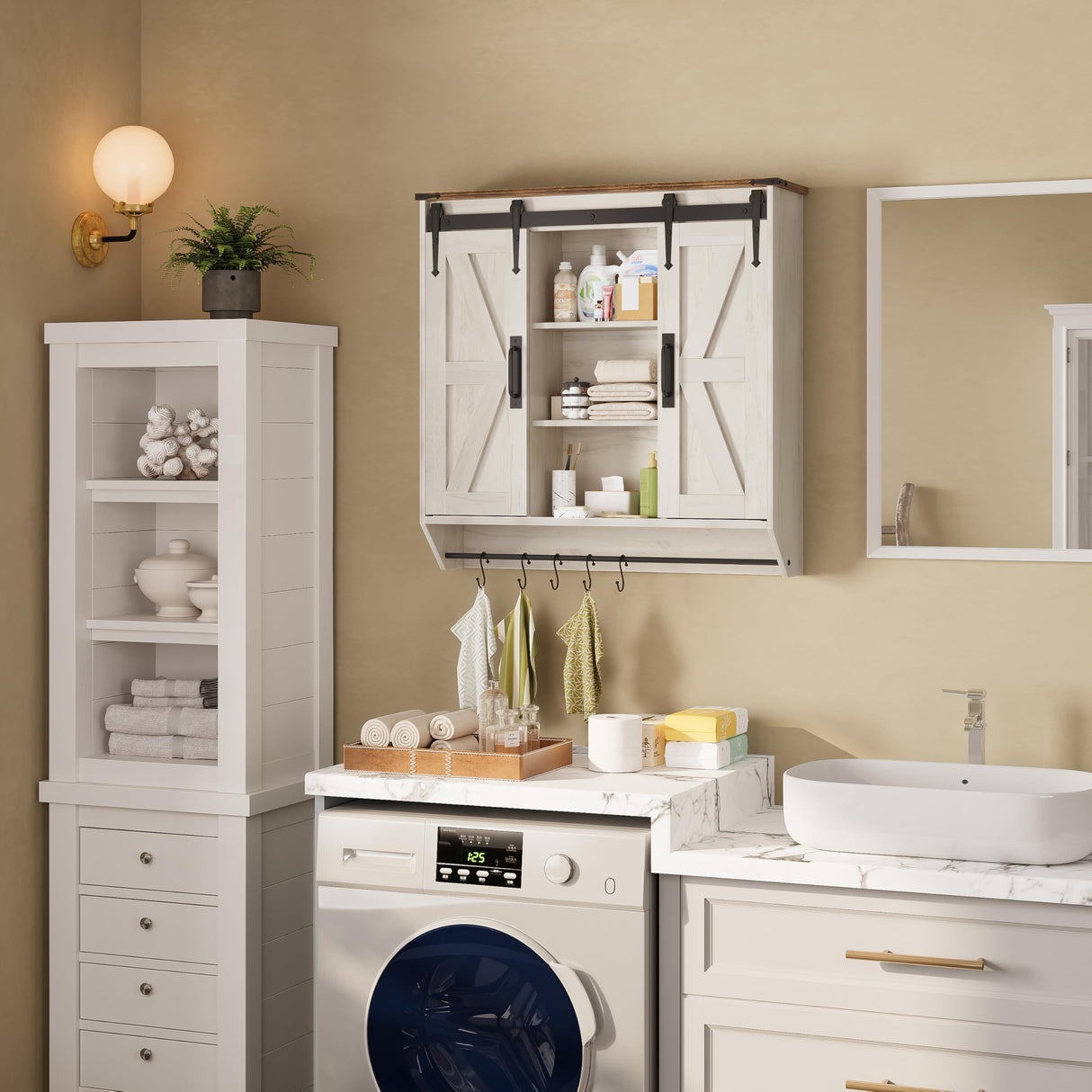 Trironsun Farmhouse Medicine Cabinet 2 Sliding Barn Doors 3 Tier Rustic Wood Wall Storage Cabinet Adjustable Shelf Towel Bar Wall Mounted Bathroom Wall Cabinet (Antique White, 30.71 Inch) Trironsun