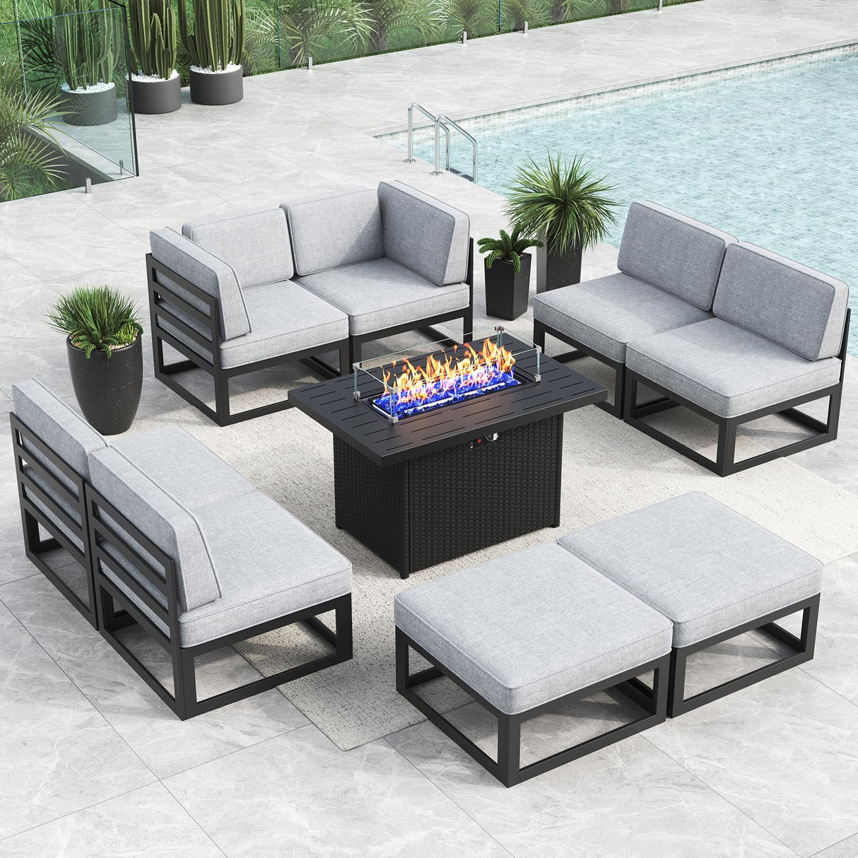 LayinSun Large Aluminum Patio Furniture Set with Fire Pit Table, 9 Pieces Modern Outdoor Conversation Set Sectional Metal Sofa Set with Olefin Cushion LayinSun