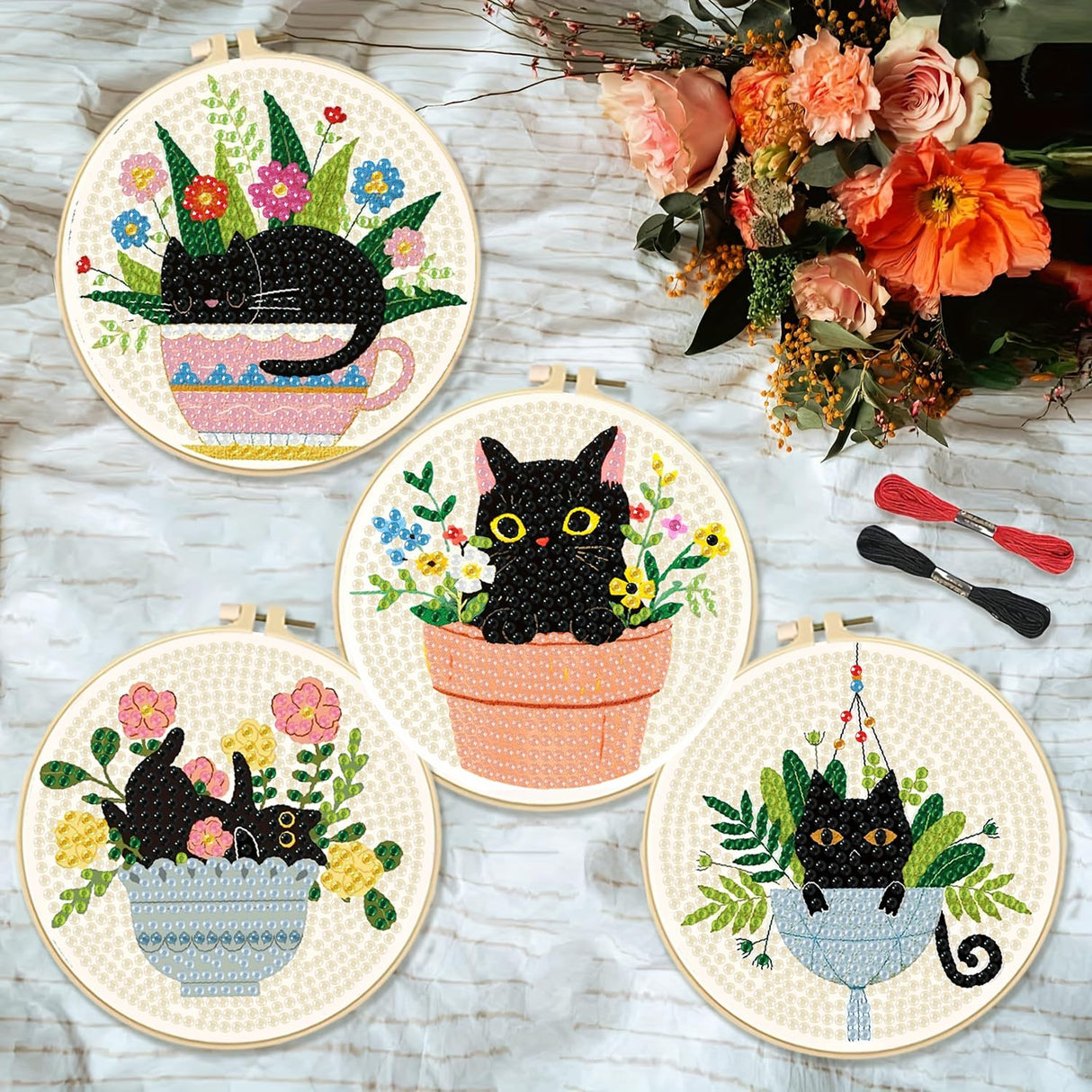 Clendo 8 Pcs Black DIY 5D Small Diamond Painting Coasters Kit with Holder, Flowers DIY Coasters, Arts and Crafts for Adults Clendo