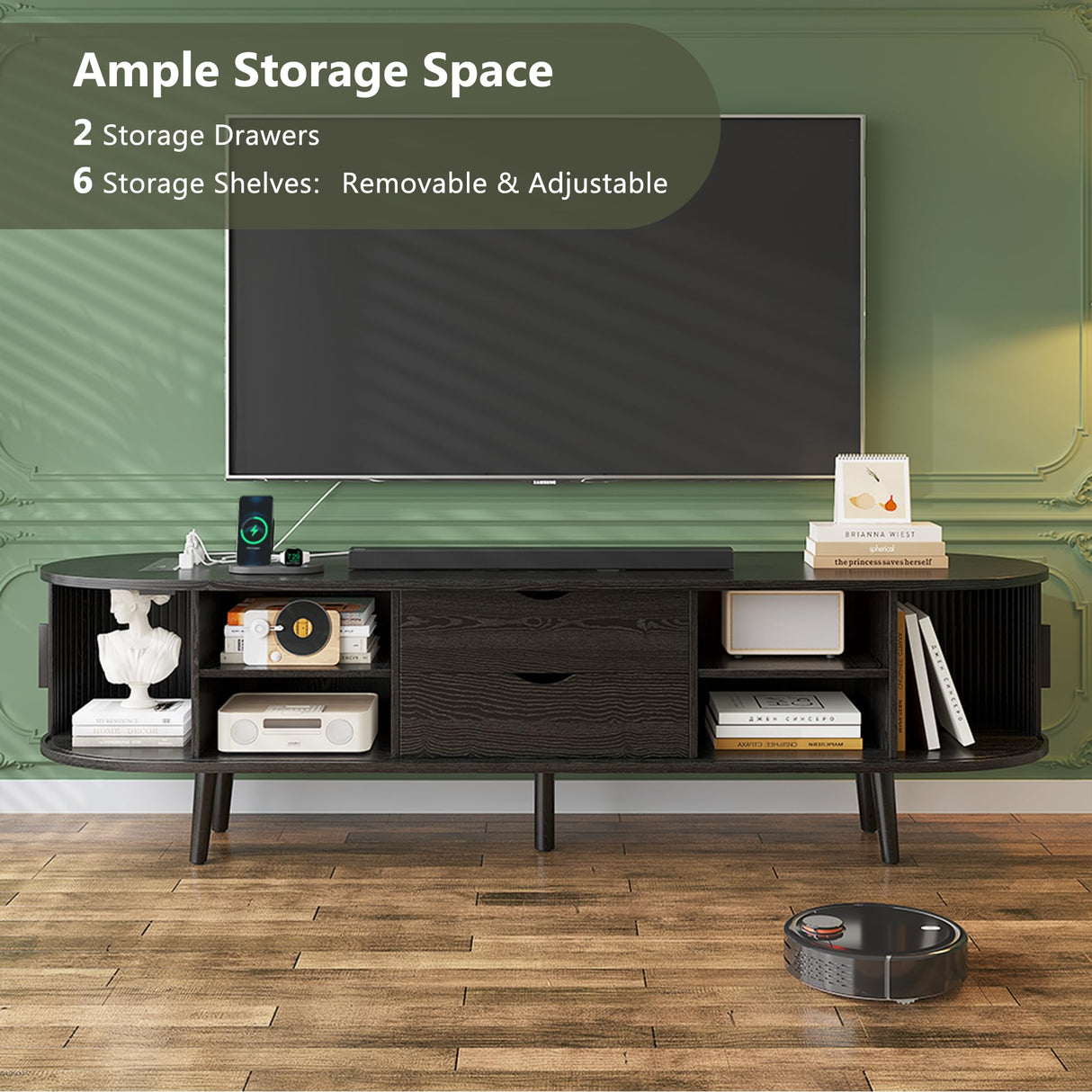 Mid Century Modern TV Stand for 65/55/50 inch TV, Farmhouse TV Stand with Charging Station, Fluted Entertainment Center with Storage and Sliding Doors, TV and Media Consol for Living Room, Black, 59" Syvella