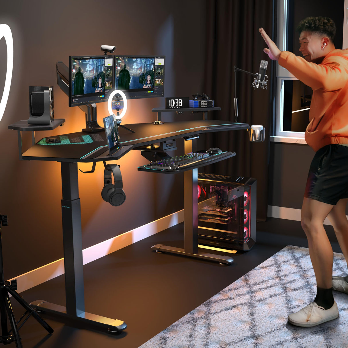 EUREKA ERGONOMIC Gaming Desk, Standing Desk Keyboard Tray, 72" Wing Shaped Music Studio Desk Electric Adjustable Height Desk Sit Stand Desk with LED Shelves, Gaming Recording Live Stream, Slot Design EUREKA ERGONOMIC