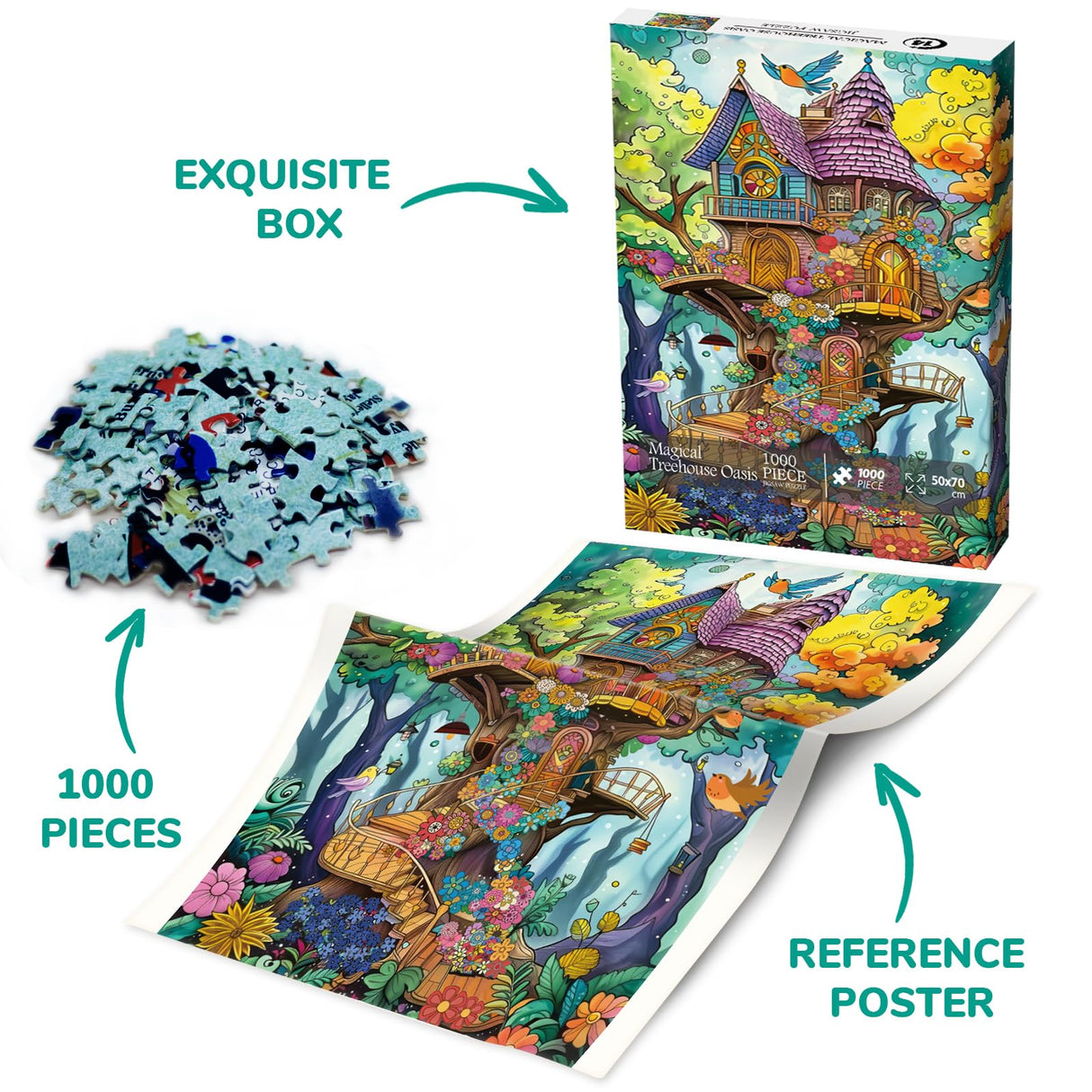 Fantasy Magic Treehouse Puzzles for Adults 1000 Piece, Funny Nature Tree Jigsaw Puzzle, Colorful Plant Flower Puzzle BBOLDIN