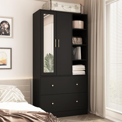 Hitow Wardrobe Armoire Closet with Mirror, 2 Door Wardrobe Cabinet with 2 Drawers & Extendable Hanging Rod, Bedroom Armoire Cabinet Clothes Organizer, Type A Black (35.5" W x 15.8" D x 70.8" H)