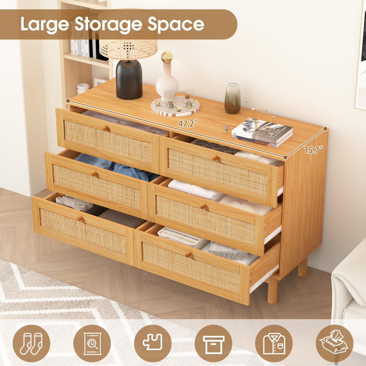 EazeHome 6 Drawer Rattan Dresser for Bedroom, 48” Wide Chest of Drawers, Natural Wooden Handmade Woven Dresser, Boho Storage Organizer for Closet, Living Room and Entryway EazeHome