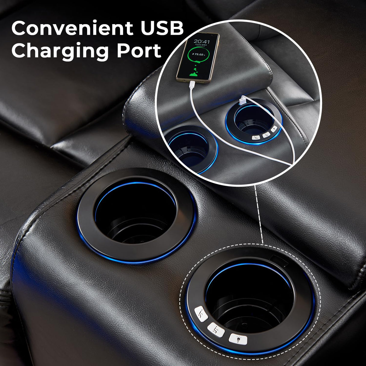 Power Recliner Sectional Sofa Couches with LED Lights for Living Room, Faux Leather Wall Hugger Reclining Corner Couch Sets with 2 Home Theater Seat, USB Charger, Cup Holder, Storage Console, Black Comfort Stretch