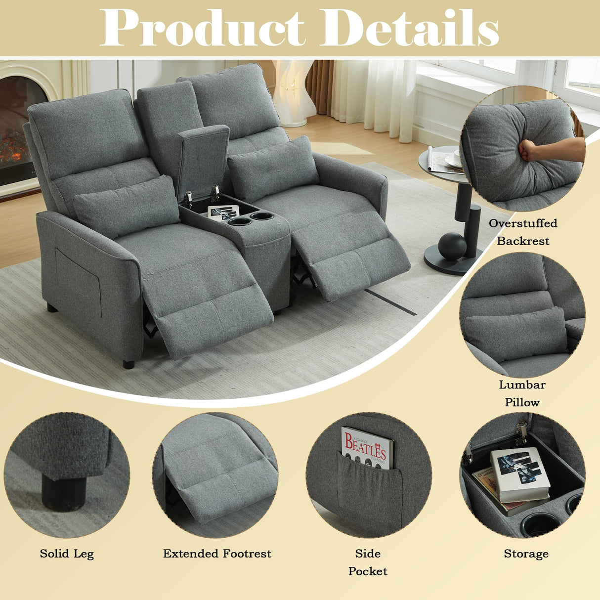 DRMBOOK 63'' RV Loveseat Recliner Sofa, Linen Fabric Double Camper Couch 2 Seater Recliner with Console, Home Movie Theater Seating Chair, 2 Person Push Back Recliners for Living Room, Grey DRMBOOK