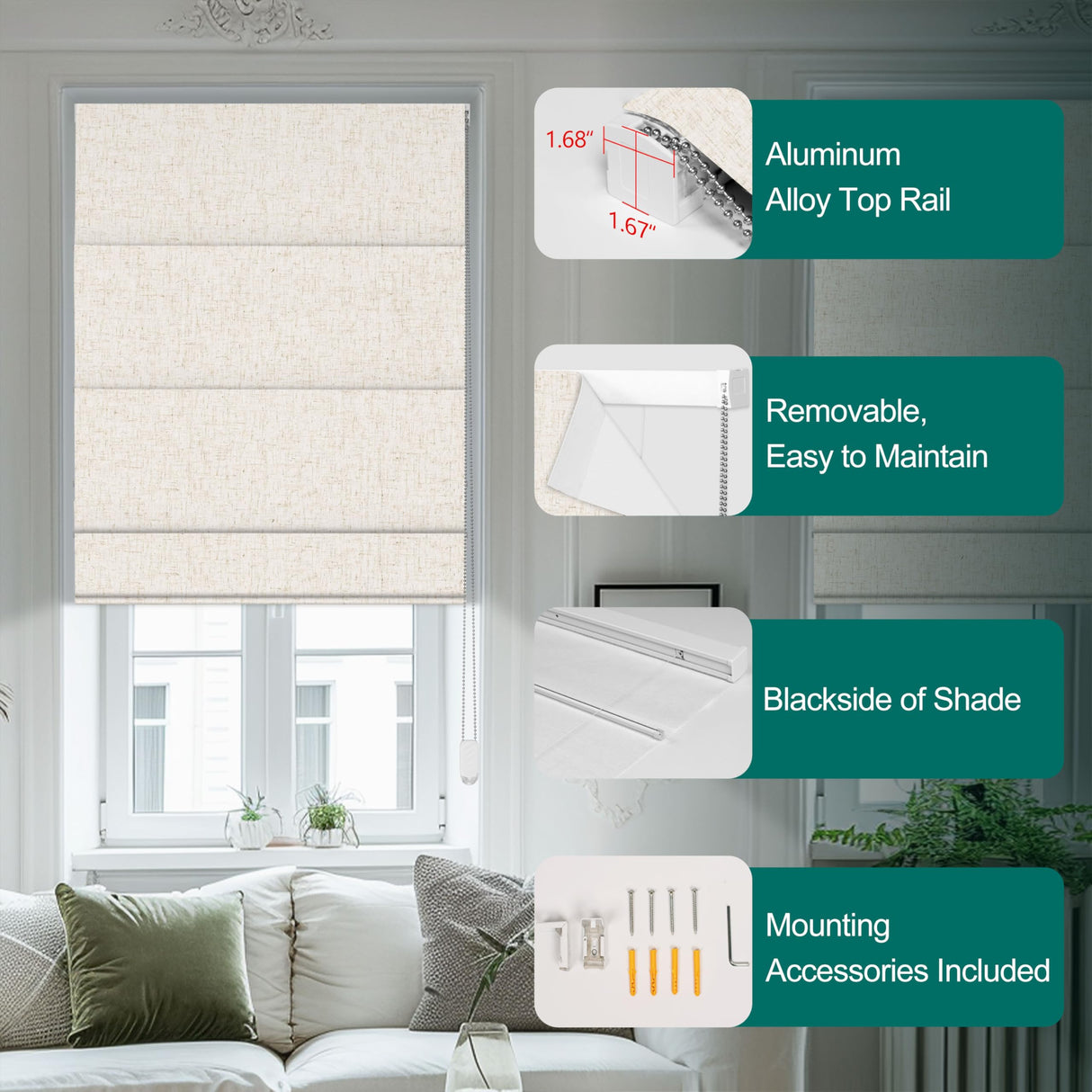 BERISSA Roman Shades for Windows, Blackout Roman Blinds,Room Darkening Thermal Insulated Window Shades for Home Living Room Bedroom,Linen Beige,Custom Size BERISSA