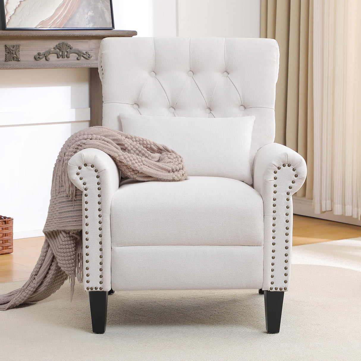 choairy Pushback Recliner Chair, Accent Push Back Chairs Set of 2 with Adjustable Footrest Wingback, Upholstered Linen Reclining Sofa with Side Pocket, Comfy Modern Armchair for Living Room, Beige choairy