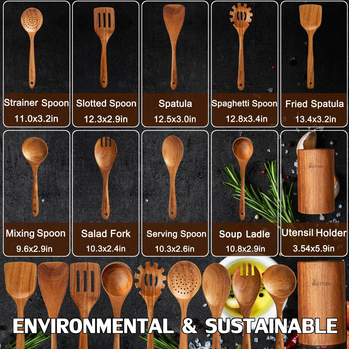 Wooden Spoons for Cooking,Wooden Utensil Set,Wooden Cooking Utensils,10-Piece Wooden Kitchen Utensil Set with Wooden Spoons(A10) WOTTISH
