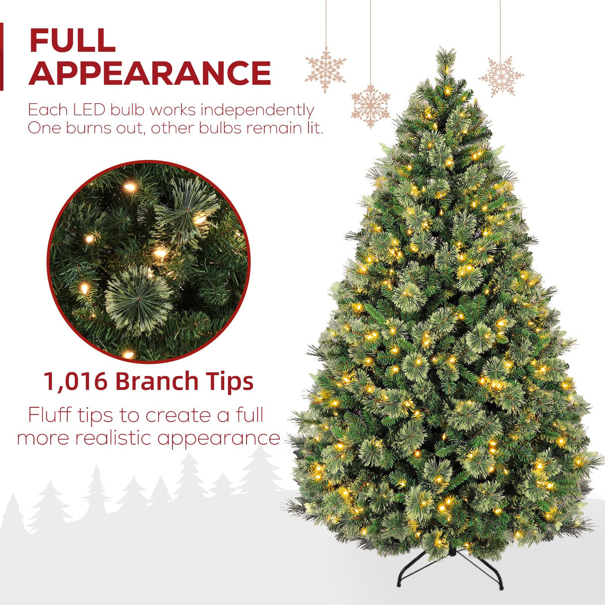 Hykolity 6 ft Prelit Christmas Tree, Artificial Christmas Pine Tree with 350 Warm White LED Lights, 1016 PVC Branch Tips & Needles, Metal Stand and Hinged Branches hykolity