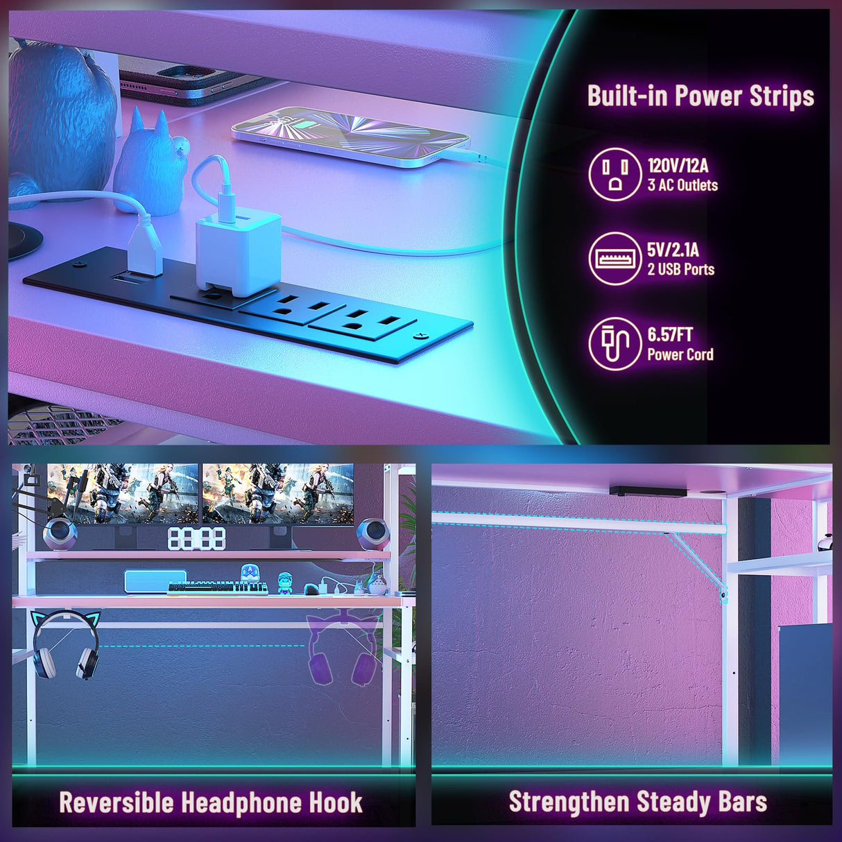 L Shaped Gaming Desk - Pink Gaming Desk with Hutch & Shelves, 47'' Gaming Computer Desk with LED Lights & Charging, Reversible PC Gaming Desk L Shape with Storage, L Desk for Gaming with Monitor Stand armocity