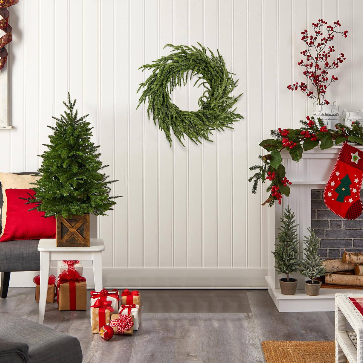 ENVEN 2 Pack 24" Norfolk Pine Wreath for Front Door, Artificial Christmas Wreath Faux Pine Green Wreath for Wall Windows Mantle Outdoor Outside Christmas Decoration ENVEN