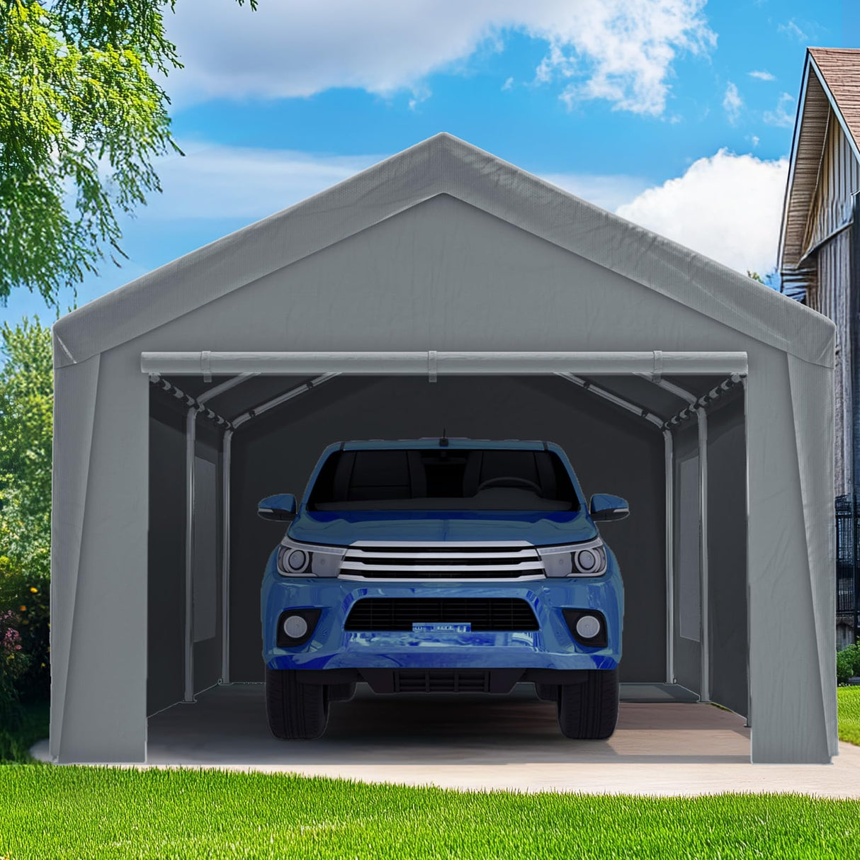 Quictent 12x20 ft Heavy Duty Carport Canopy Galvanized Car Tent Outdoor Garage Boat Shelter with Reinforced Structure with Roll-up Ventilated Windows Sidewall - Gray Quictent