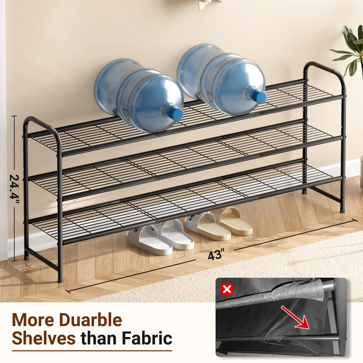 KEETDY 3-Tier Long Shoe Rack for Closet Metal Shoe Organizer for Entryway, Wide Stackable Shoe Storage Shelf with Sturdy Wire Grid for Closet Floor, Bedroom, Black KEETDY