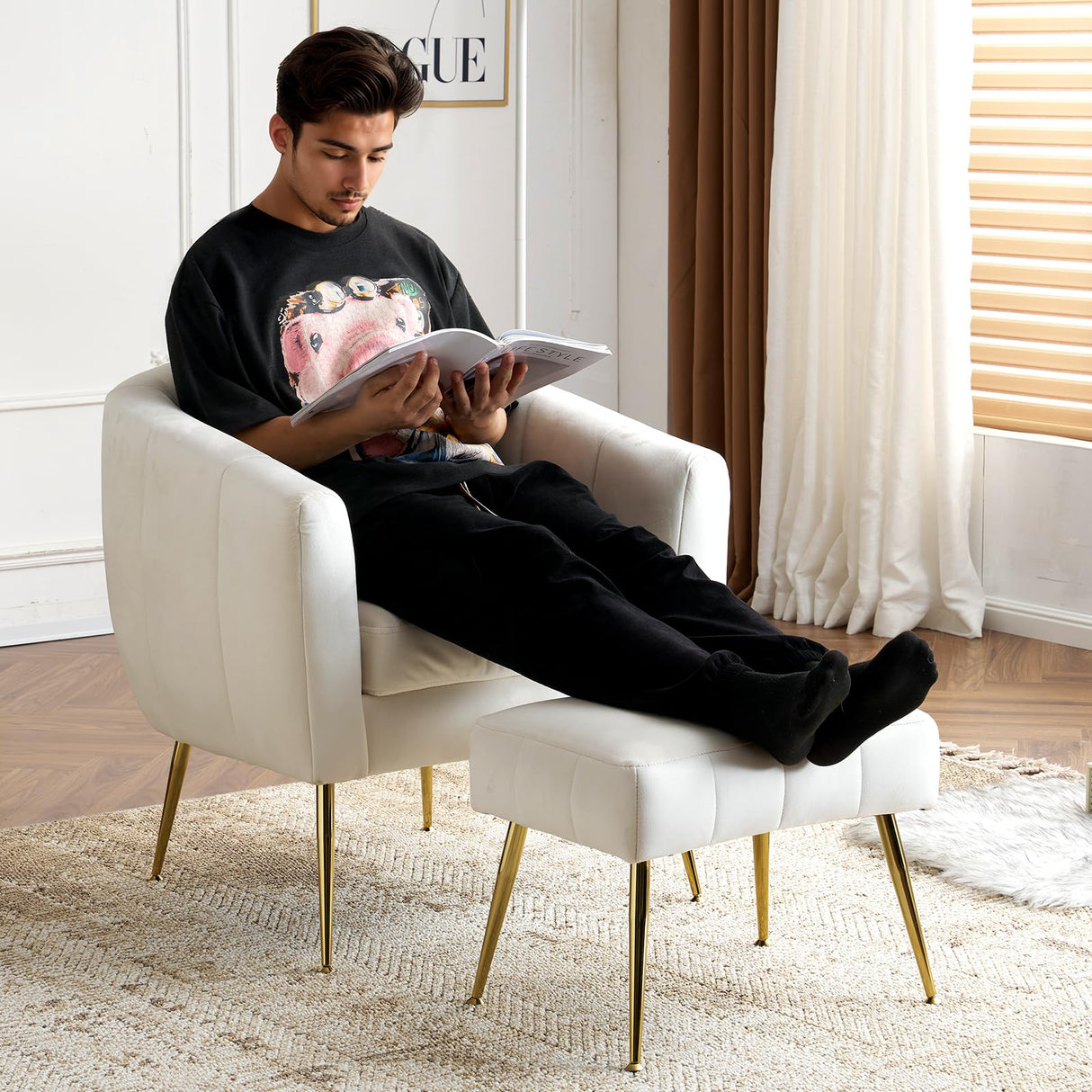 GODECOR Velvet Accent Chair Set,Modern Barrel Chair with Ottoman,Club Chair Reading Armchair with Lumbar Pillow for Living Room/Bedroom/Study Room/Home Office,White GODECOR