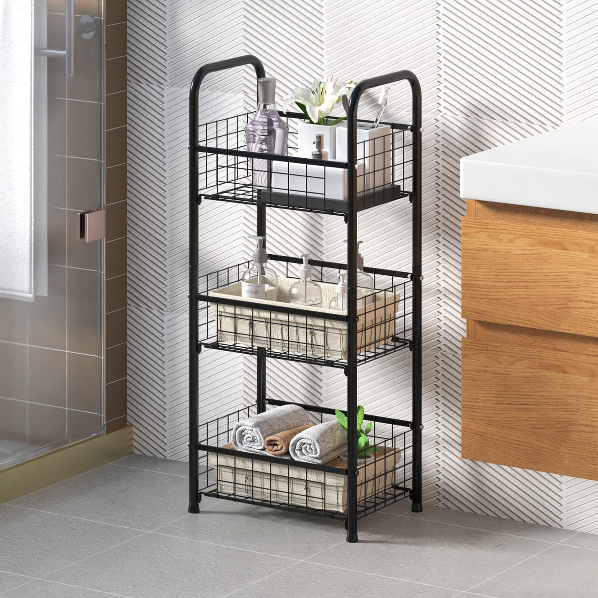 PROXRACER 3-Tier FreeStanding Open Shelf,Bathroom Organizer Shelves Unit with Adjustable Feet, Metal Steel Storage Tower Organizer Rack Basket Cart for Bathroom, Living Room, Balcony, Kitchen PROXRACER