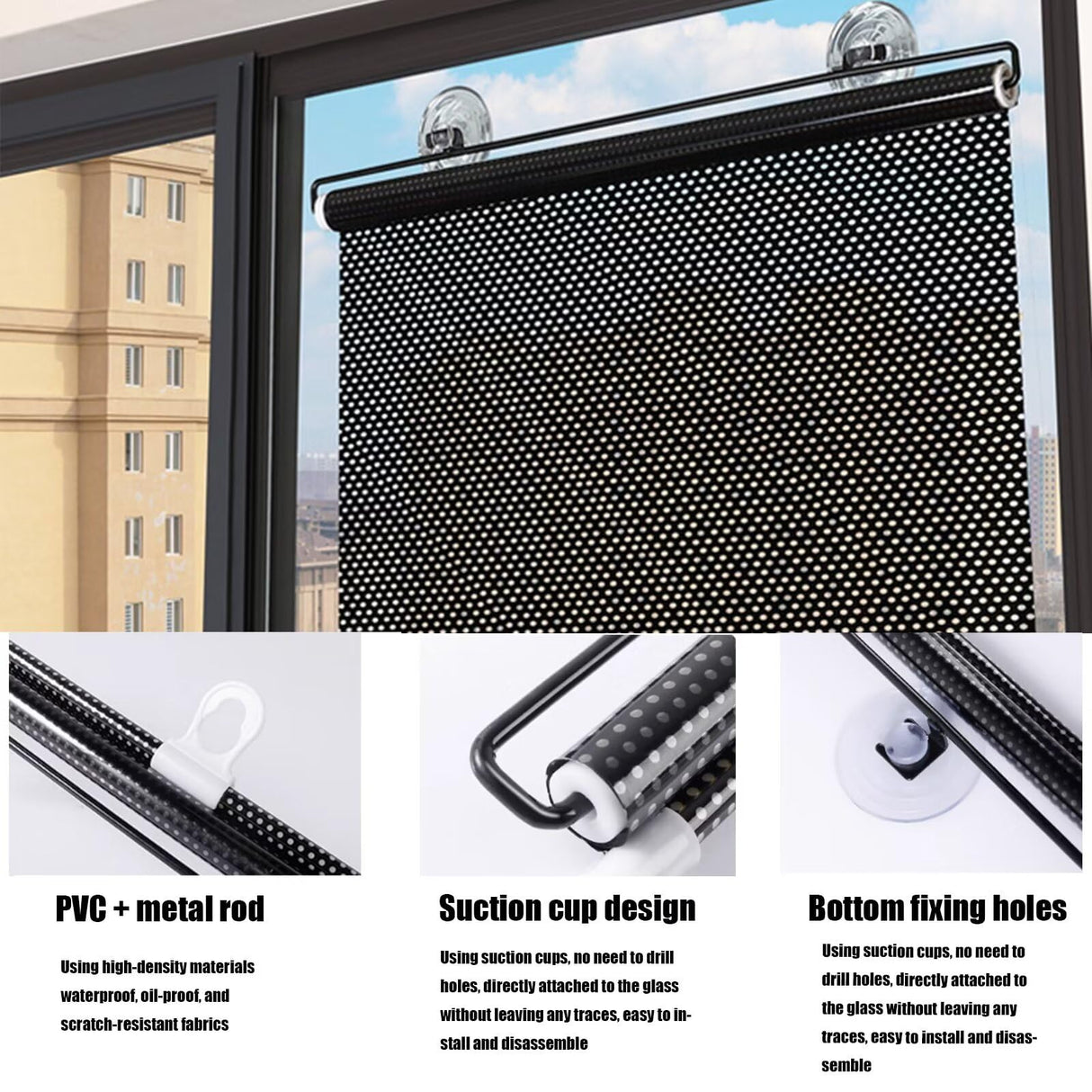 No Drilling Retractable Roller Window Shades W/3 Suction Cups, Blackout Blind Shade Temporary Cover Curtain for Home Bedroom Car(Black,27 * 49in) WoodArtSupply