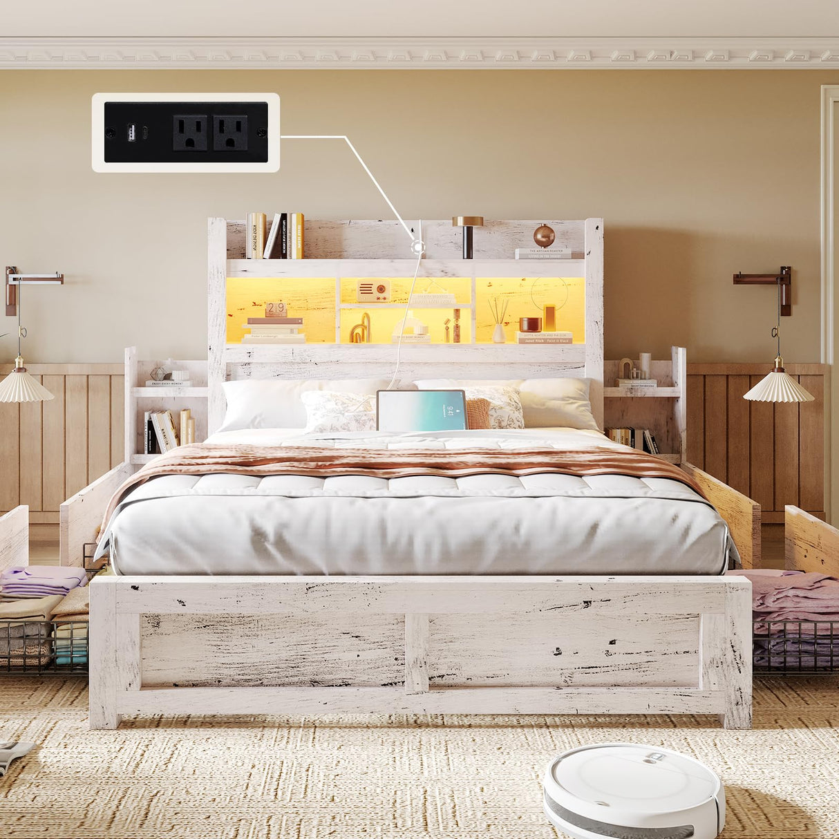 LUXOAK Queen Bed Frame with 49.6" Bookcase Headboard & 4 Drawers & 2 Detachable Bedside Stoage Racks, Farmhouse Wood Bed Frame with RGB LED & Charging Station, No Box Spring Needed, Distressed White LUXOAK