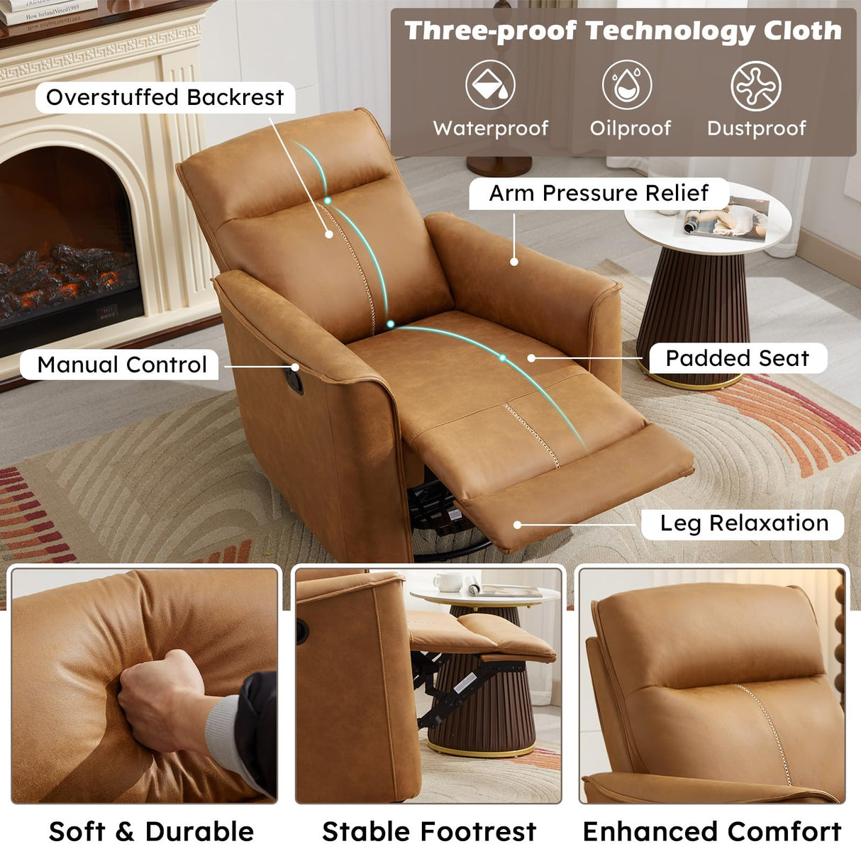 ANJ Manual Swivel Rocker Recliner, Glider Recliners with Padded Armrest and Backrest, Soft Leather Nursery Rocking Recliner Chair Reclining Sofa for Living Room ANJ