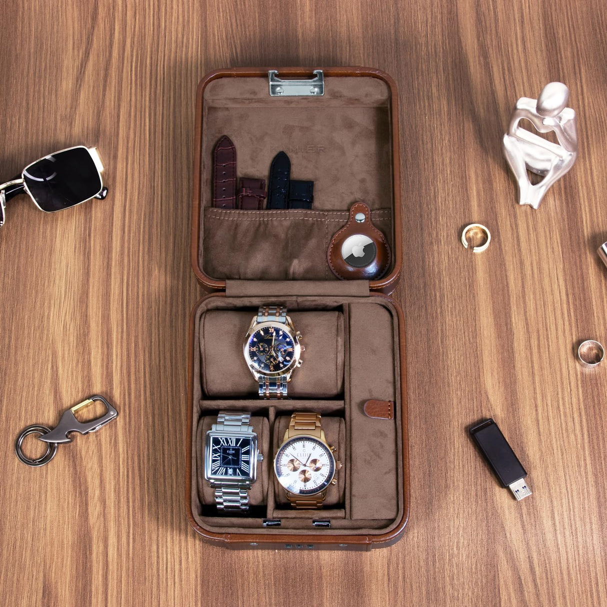 KAMIER Watch Case with Combination Lock - 4 Watch Storage and Jewelry Organizer - Watch Travel Case for Ring and Watch Storage, PU Leather Travel Watch Case, Ideal for Gift (With Gift Box), Brown KAMIER