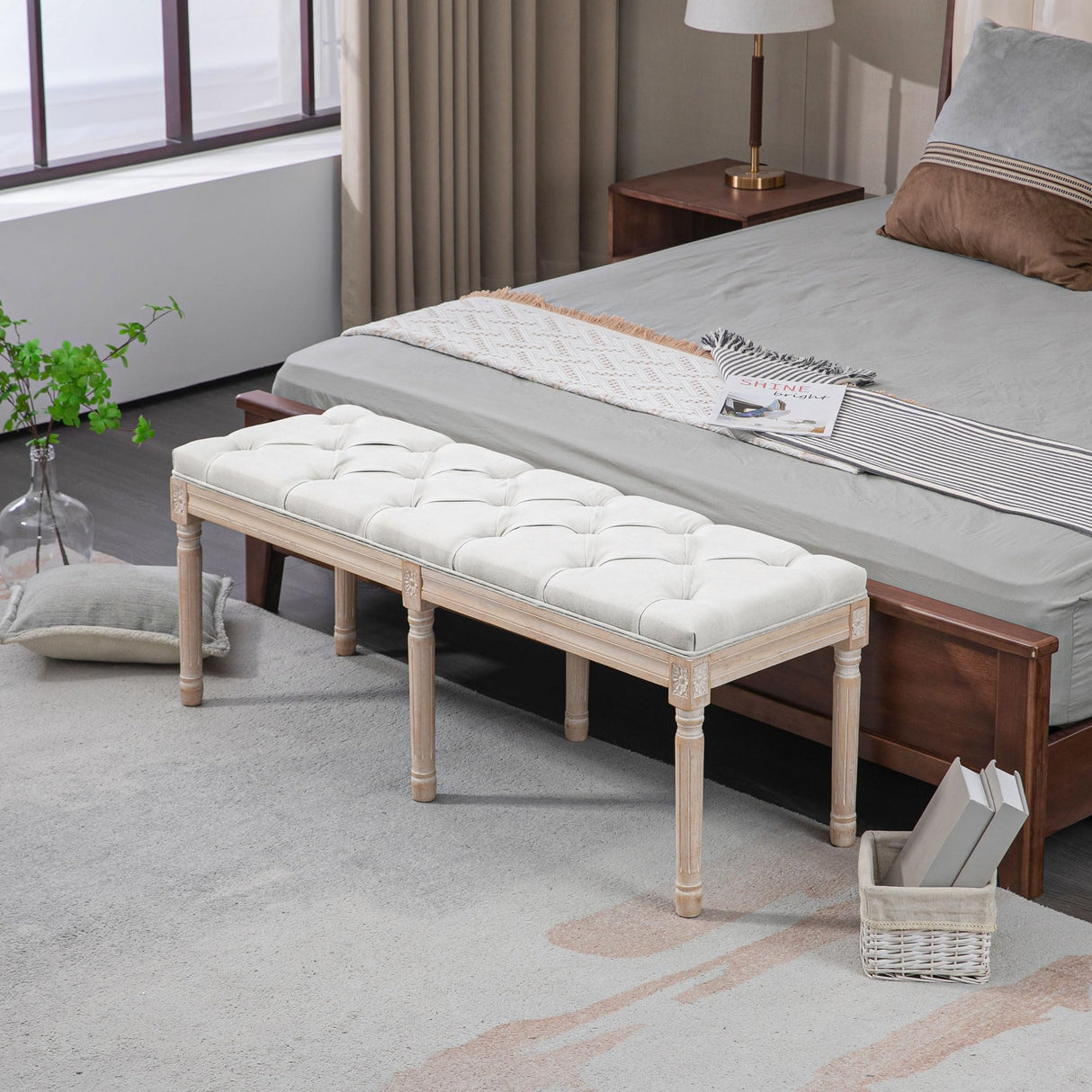 HOMCOM Bedroom End of Bed Bench, 46" Upholstered Entryway Bench with Button Tufted, Thick Padding and Wood Legs, French Vintage Style Linen-Feel Ottoman Bench for Hallway, Living Room, Cream White HOMCOM