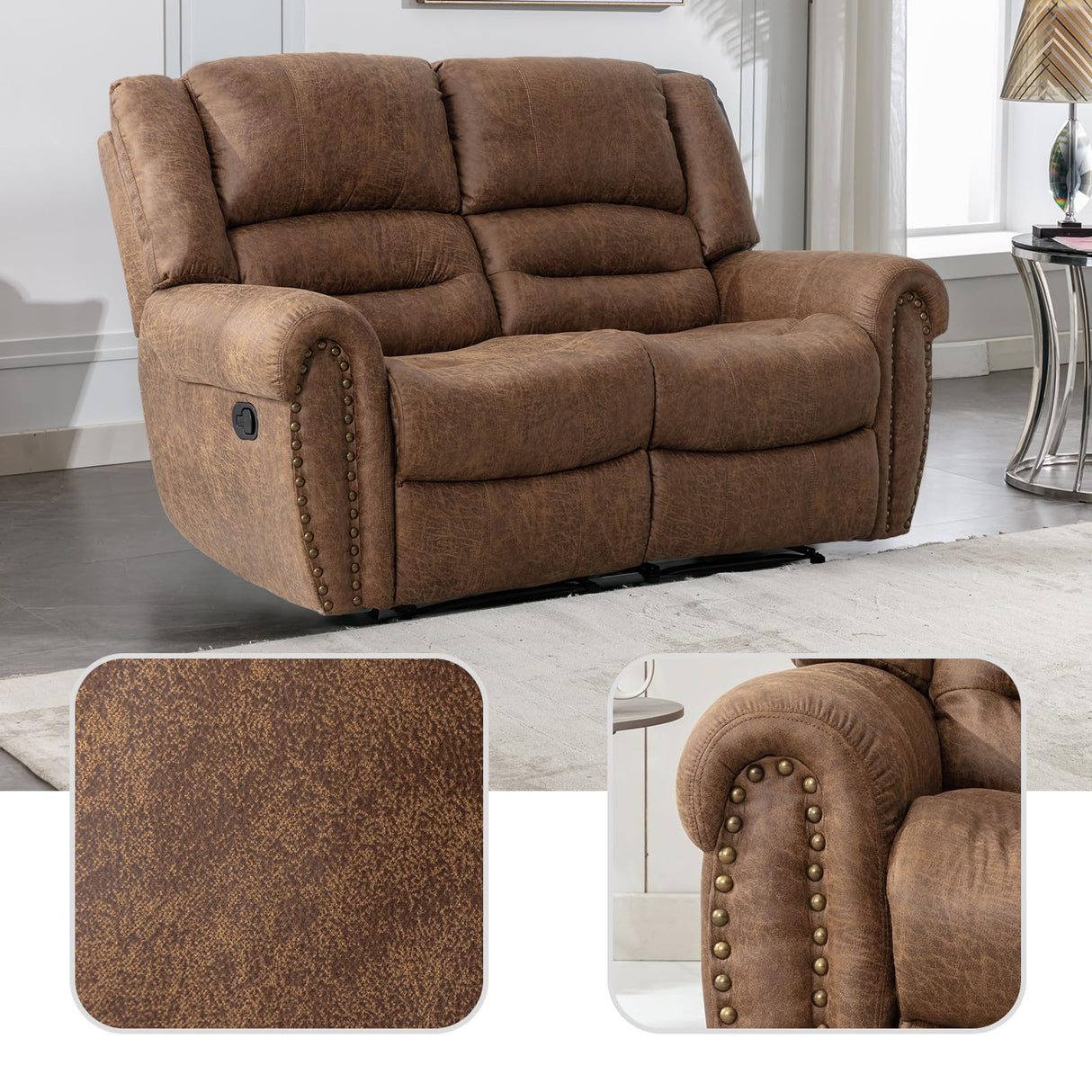 EBELLO Faux Leather Manual Loveseat Recliner, 2 Seat Reclining Sofa Chair with Soft Padded Seat Backrest, Couch Sofa Set for Living Room, Bedroom Furniture, Meeting Room, Brown (Loveseat) EBELLO