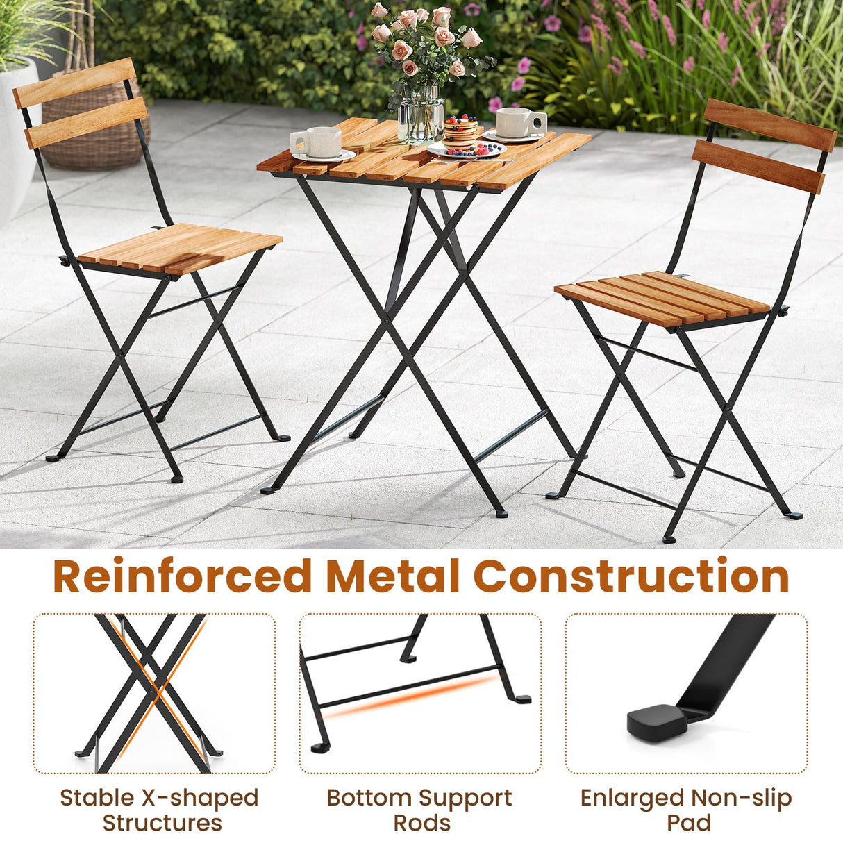 Tangkula 3 Pieces Patio Dining Set, Outdoor Square Table and Folding Chairs with Metal Frame, Space Saving Furniture Set for Yard Porch Deck Backyard Tangkula