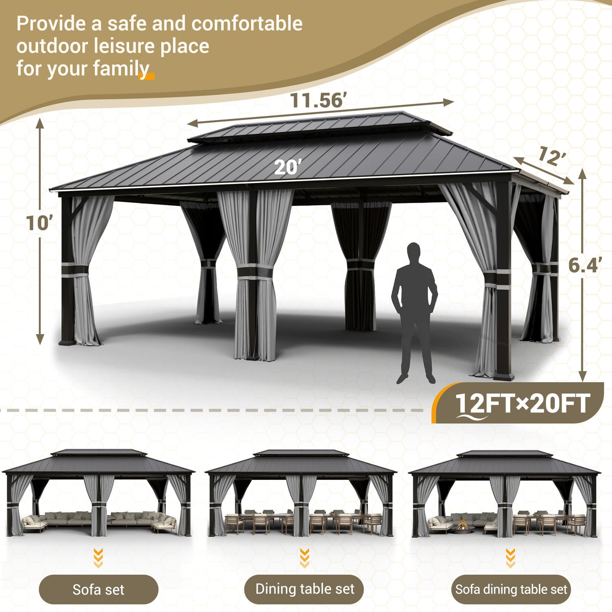 UDPATIO 12' x 20' Hardtop Gazebo, Galvanized Steel Double Roof Permanent Aluminum Gazebo, Outdoor Metal Pergolas with Mosquito Netting and Curtains for Garden, Parties, Patio, Deck, Lawns, Grey UDPATIO