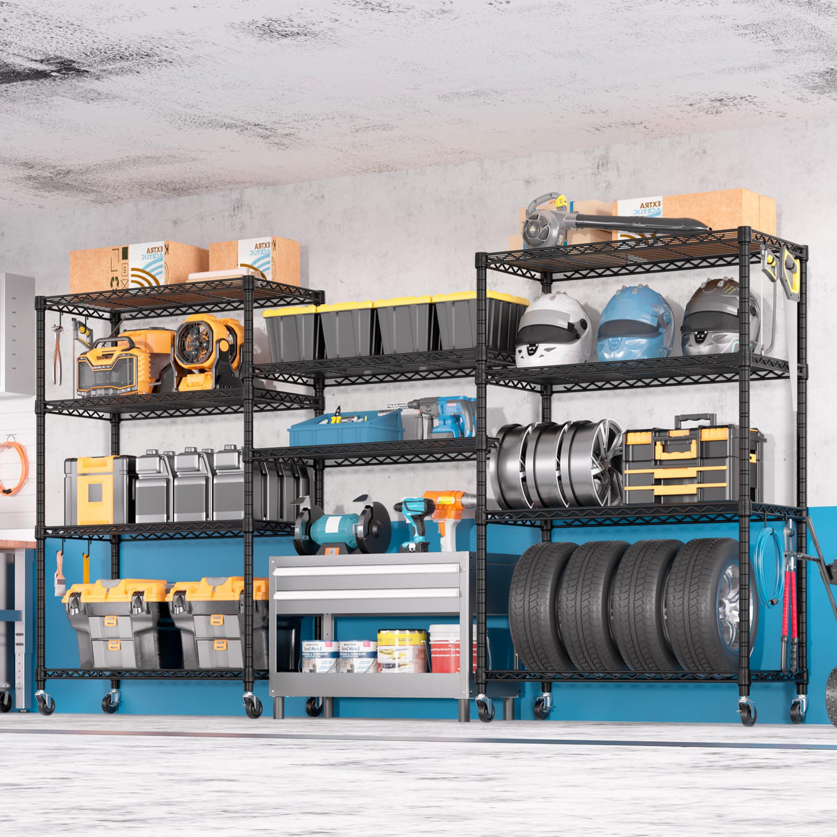 PrimeZone 74''H Wire Shelving 1250lbs 5 Tier Storage Shelves with Wheels NSF Certified Heavy Duty Steel Metal Shelf Adjustable Rolling Rack Kitchen Garage Closet Pantry Laundry 74''HX36''WX14''D 2PCS PrimeZone