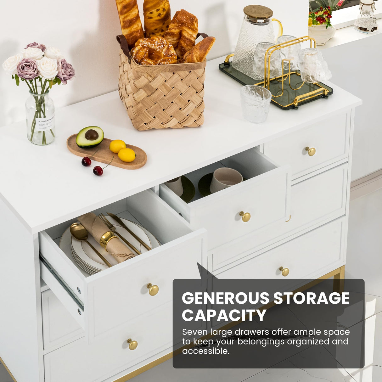 Pamapic Modern 7-Drawer White Dresser,47" White Wooden Dresser for Bedroom, Storage Organizer with Deep Drawers & Metal Handles for Bedroom, Entryway, Hallway Pamapic