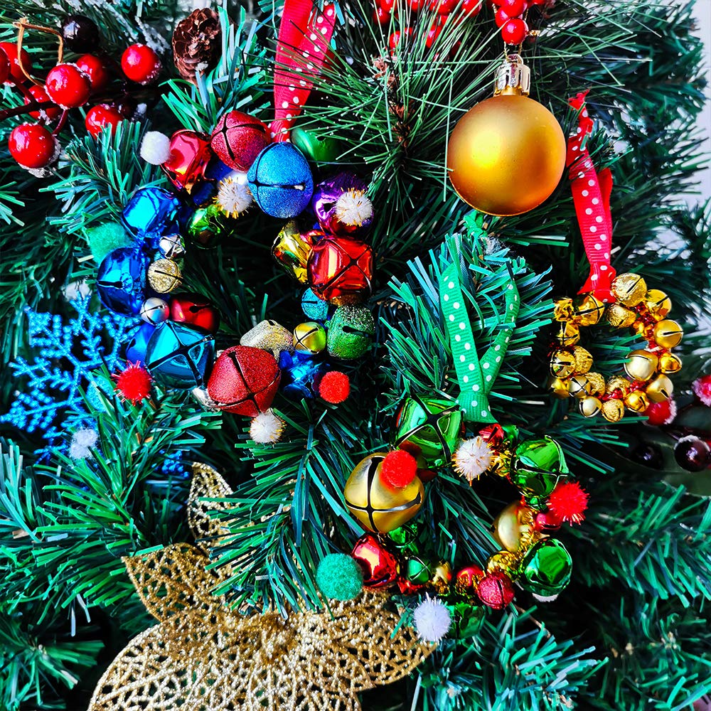 Winlyn 475 Set Christmas Jingle Bell Wreath Christmas Tree Ornaments Craft Kit Jingle Bell Metallic Chenille Stems Glitter Pom-Poms Ribbon Assortment for Kids Holiday Xmas Bracelets Necklaces Artwork Winlyn