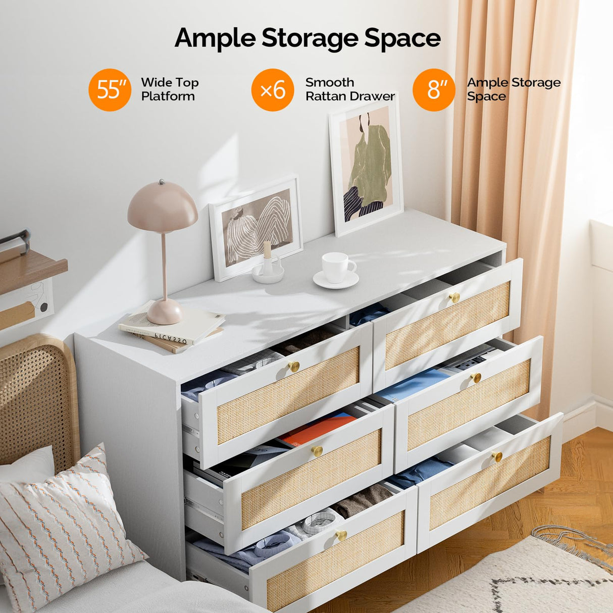 VINGLI 6 Drawer Dresser, White Dresser for Bedroom, Rattan Dresser, Boho Dresser, Wood Dresser Long Dresser TV Stand, Chest of Drawers, Baby/Kids/Nursery Dresser for Kids Bedroom, Living Room (White) VINGLI