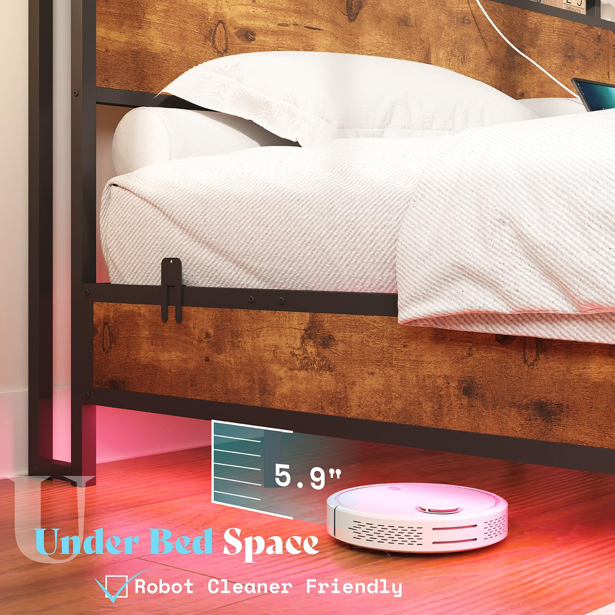 AMERLIFE Full Size Floating Bed Frame with LED Storage Headboard & Charging Station in Rustic Brown AMERLIFE